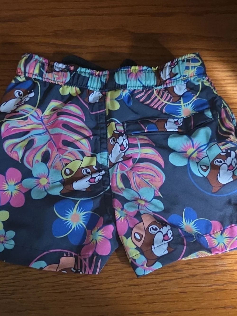 Kids Black Tropical Chipmunk Print Swim Trunks with Drawstring
